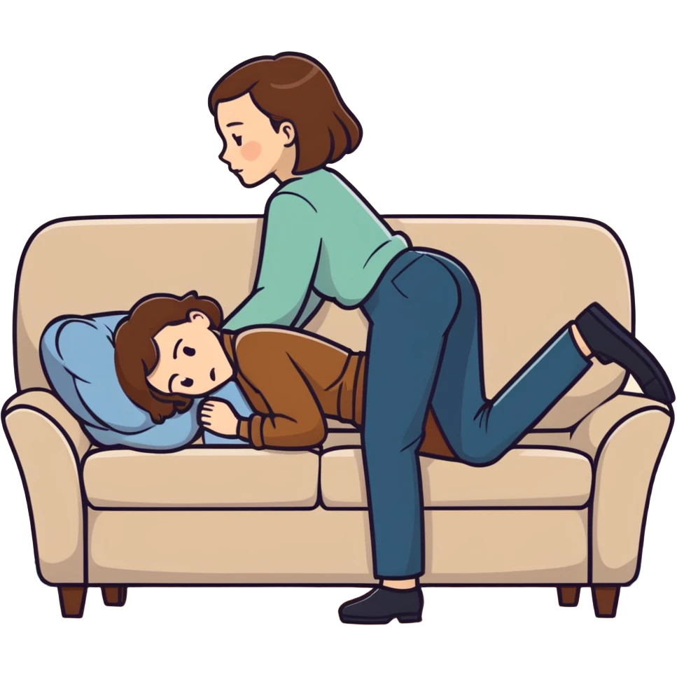  One Caucasian woman with brown hair, big boobs, wearing pants. Bent over couch. A bald man is humping her.  emoji