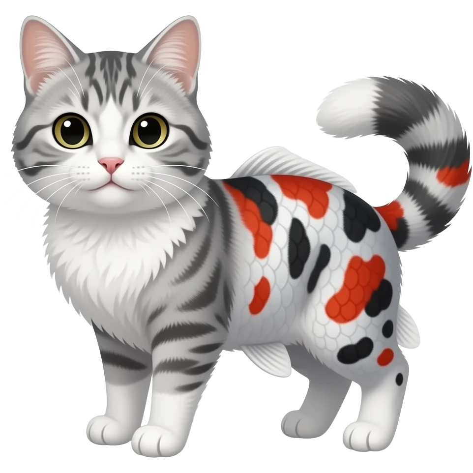 White, black, red, Koi-fish-silver-fox-cat with thick fleshy catfish-whiskers, furry, cute realistic oriental, Japanese painted marked patterned fish-tailed emoji