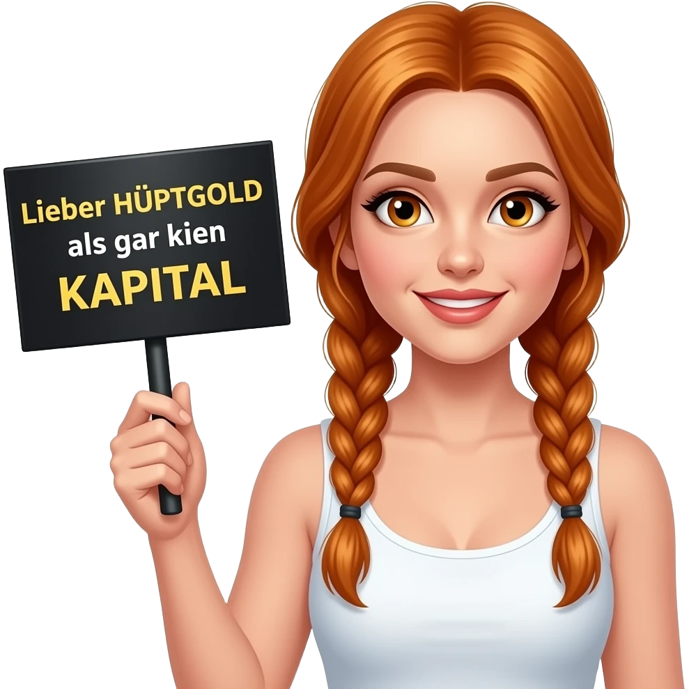 sexy girl with long ginger braids and ginger eyes wearing a white tanktop is holding a black sign with Lieber HÜFTGOLD als gar kein KAPITAL written on it emoji