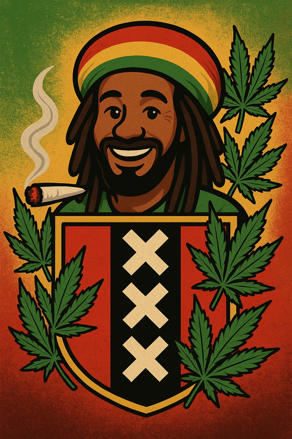 Create a digital illustration of a Rasta man with a friendly expression, wearing a red, gold, and green tam (Rastafarian hat), with dark brown skin and dreadlocks. Place him inside a bold, stylized Amsterdam coat of arms flag. The flag should have red, black, and gold tones with three white Xs in a vertical black stripe in the center. Surround the coat of arms with vibrant green cannabis leaves, a smoking spliff with rising smoke on the left side, and a textured reggae-colored background blending green, gold, and red. The style should be vintage, bold, and clean — like a high-quality reggae poster with modern emoji art flair. emoji