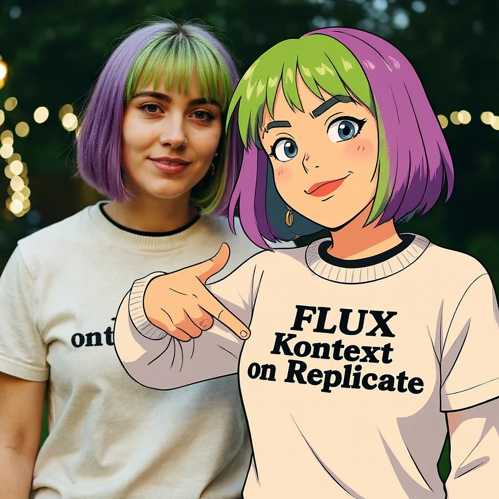 make a image of a girl with a anime version of that girl beside her wearing tshirt with text of "FLUX Kontext" emoji