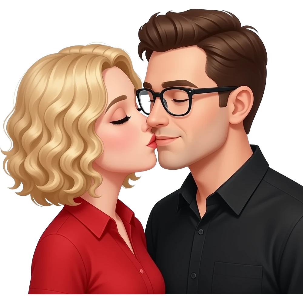 blonde tight curly bob in a red shirt kissing a man with brownish hair with glasses in a black shirt emoji