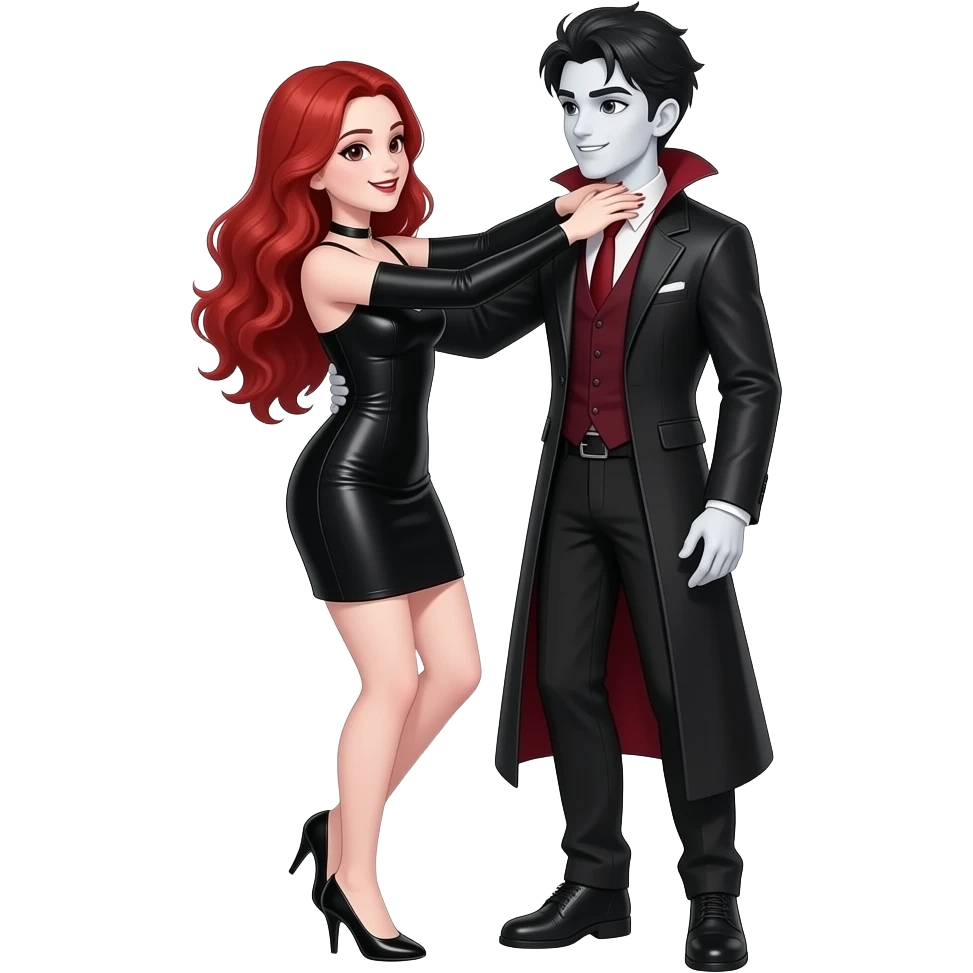 Vampiro femmina ADOLESCENTE con pelle bianca e capelli rosso ondulati lunghi che indossa un vestito nero stretto in e LUNGO sotto e le maniche lunghe che balla con le MANI INTORNO AL COLLO del suo ragazzo VAMPIRO ADOLESCENTE con la pelle bianca e le scarpe nere emoji