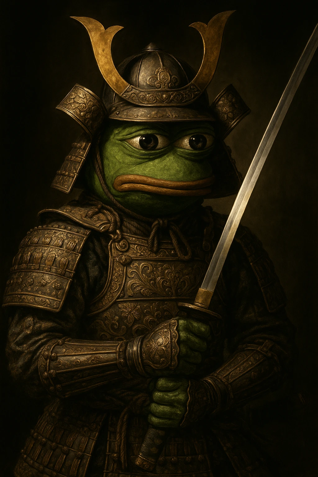 Pepe the Frog as a samurai, detailed armor, dramatic lighting emoji