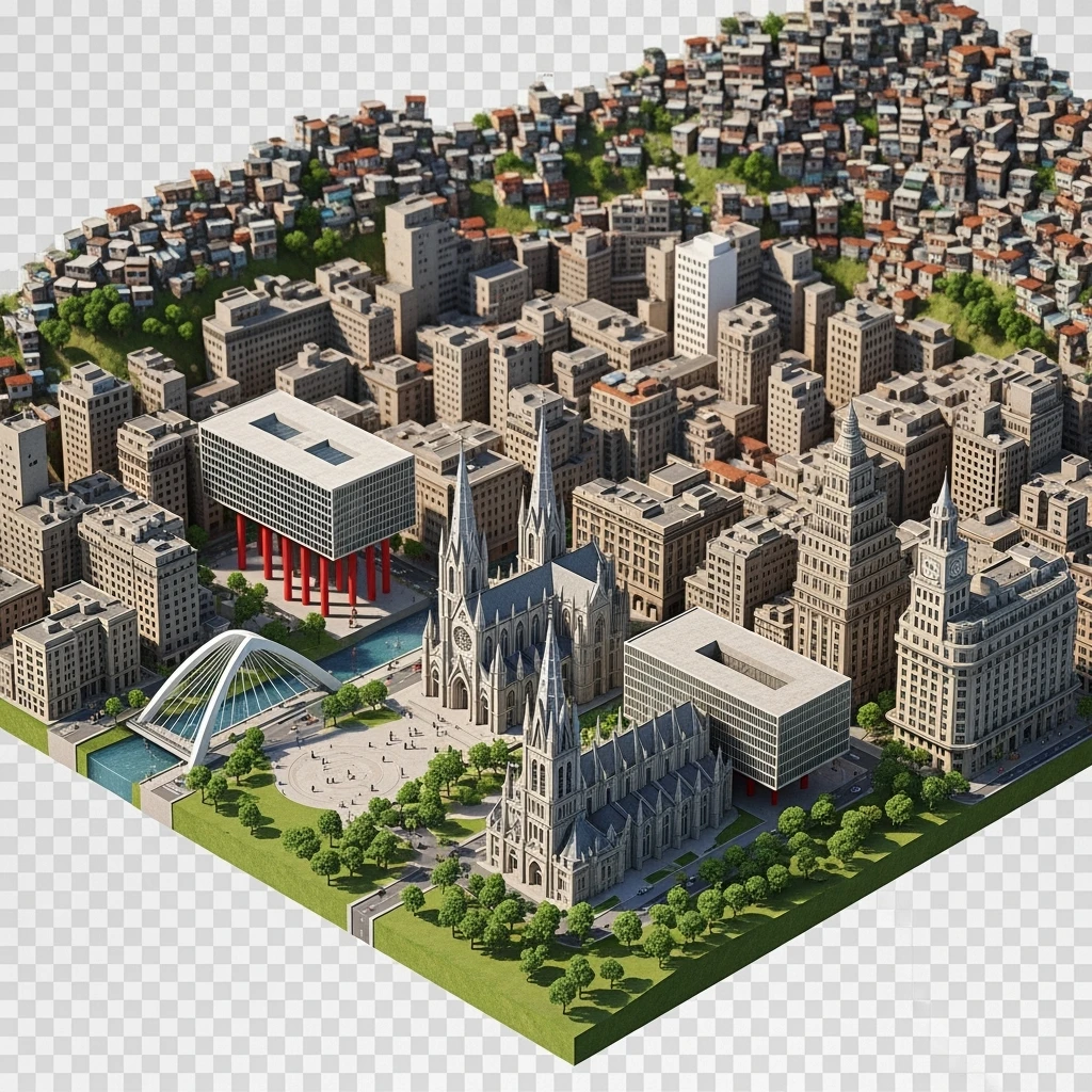 Isometric miniature of São Paulo Catedral da Sé, MASP on red pillars, Octávio Frias Bridge, and Altino Arantes building, favelas on hillsides, dense chaotic urban blocks, and green parks 3D miniature effect and Tilt Shift effect, no cartoonish look, transparent background. emoji