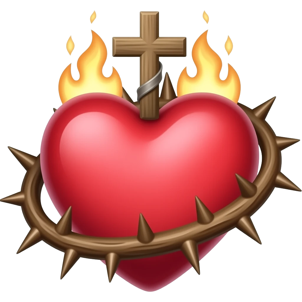 coeur rouge entouré d'épines marrons, surmontée d'une grande croix et de légères flammes emoji