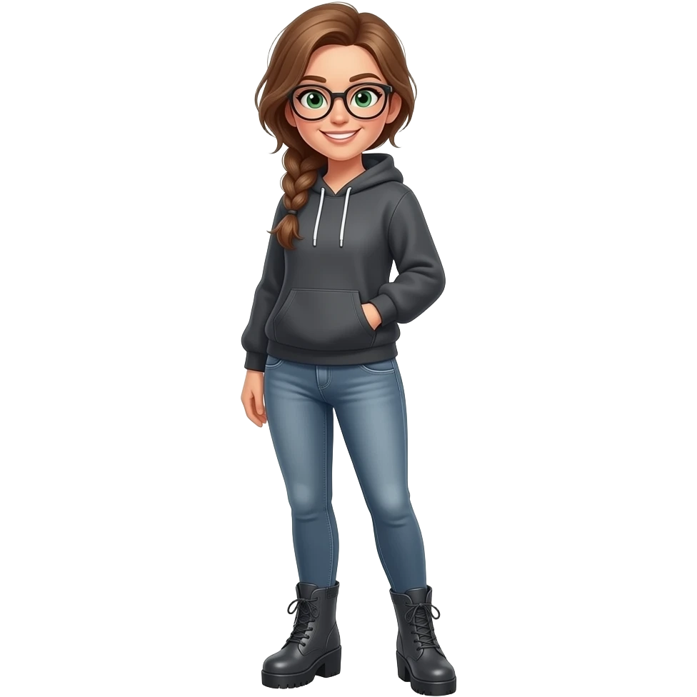 girl in 30s, light brown hair, side part, messy low side braid, green squinty smiling eyes with glasses dark grey hoodie, gunmetal gray fitted jeans, charcoal platform wedge boot, standing emoji
