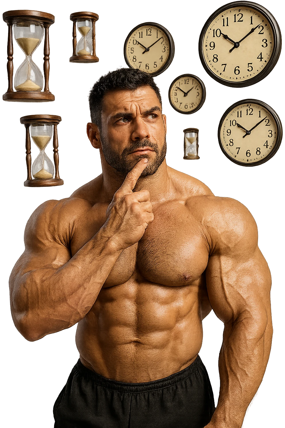 bodybuilder pensieroso che si tiene l'indice sul mento, alle sue spalle fluttuano clessidre e orologi da muro, iperrealistico 4k emoji