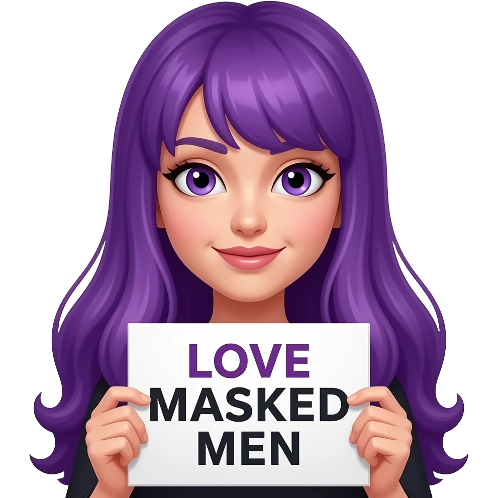 sexy girl with long purple hair and purple eyes holding a LOVE MASKED MEN sign emoji