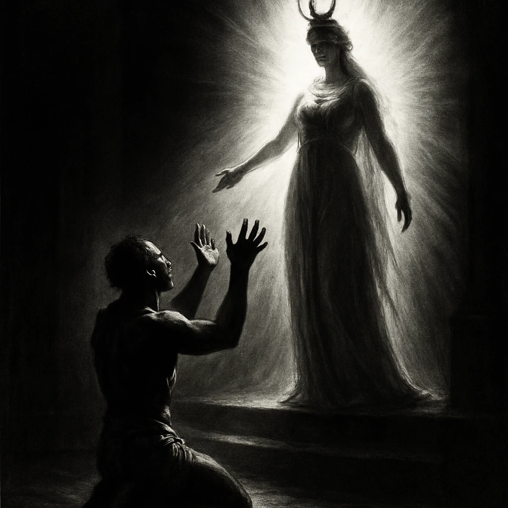 a slave worshipping a goddess, dramatic lighting, intense shadows, high contrast emoji