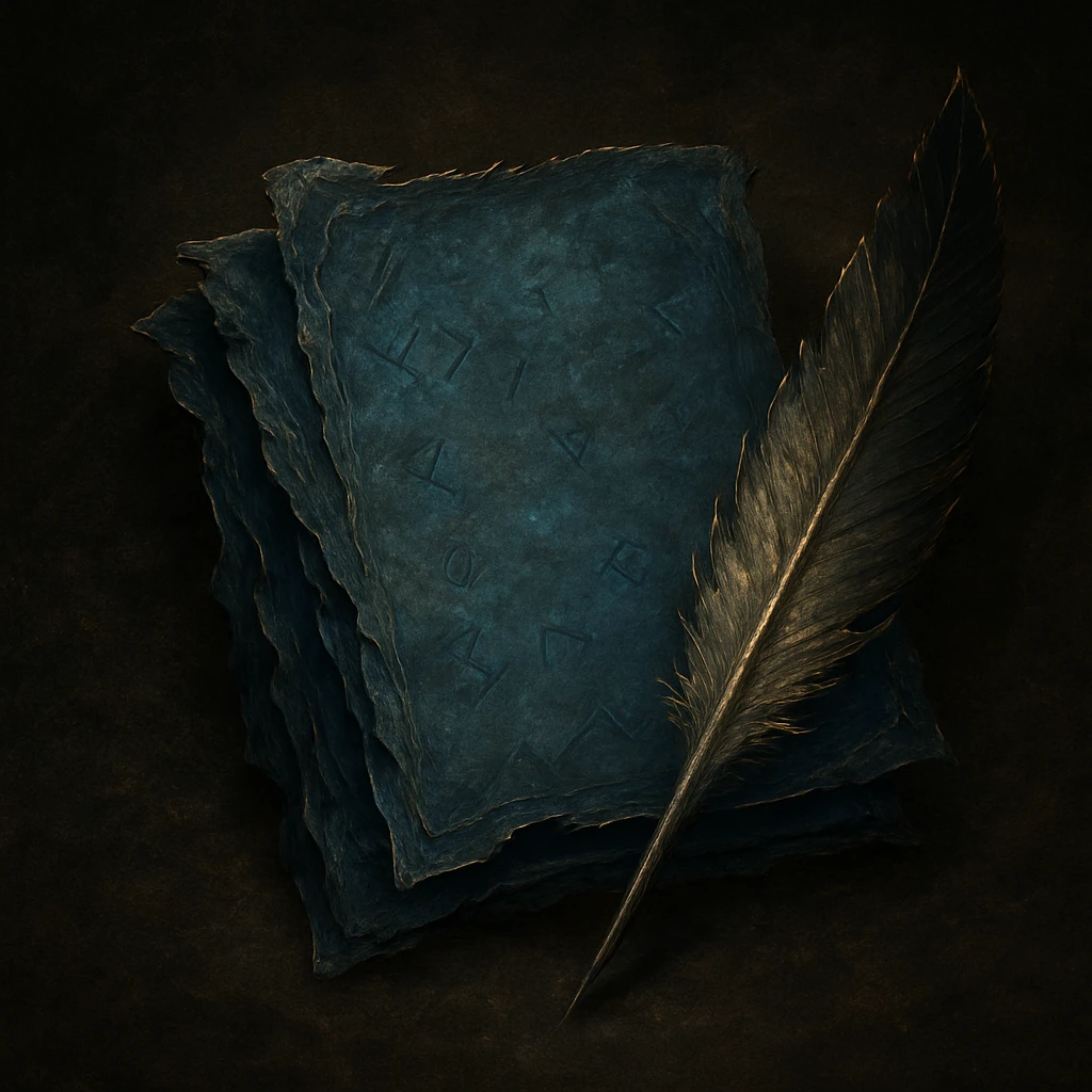 Windows 11 Notepad icon reimagined in the style of Elden Ring notes, blue parchment, tattered and layered, with a feather quill and subtle runic markings, no text, just the notepad look, option 5 emoji