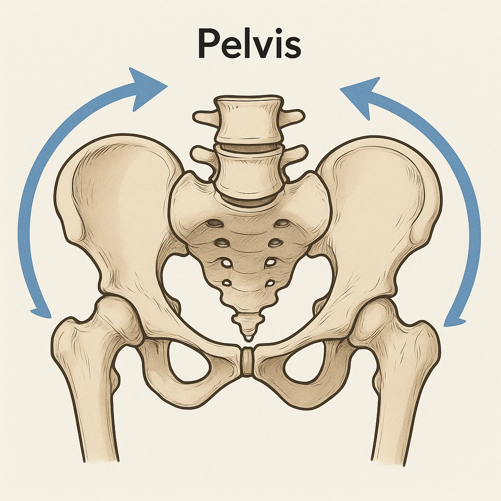 diagram of a human pelvis, arrows curving right to show clockwise rotation, medical illustration, clear and educational emoji