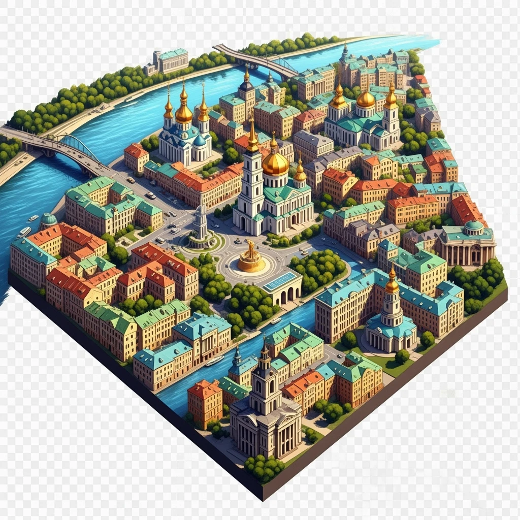 Isometric illustration of photorealistic Kyiv, balanced between paint stylized and realistic, 3D miniature effect, transparent background. emoji