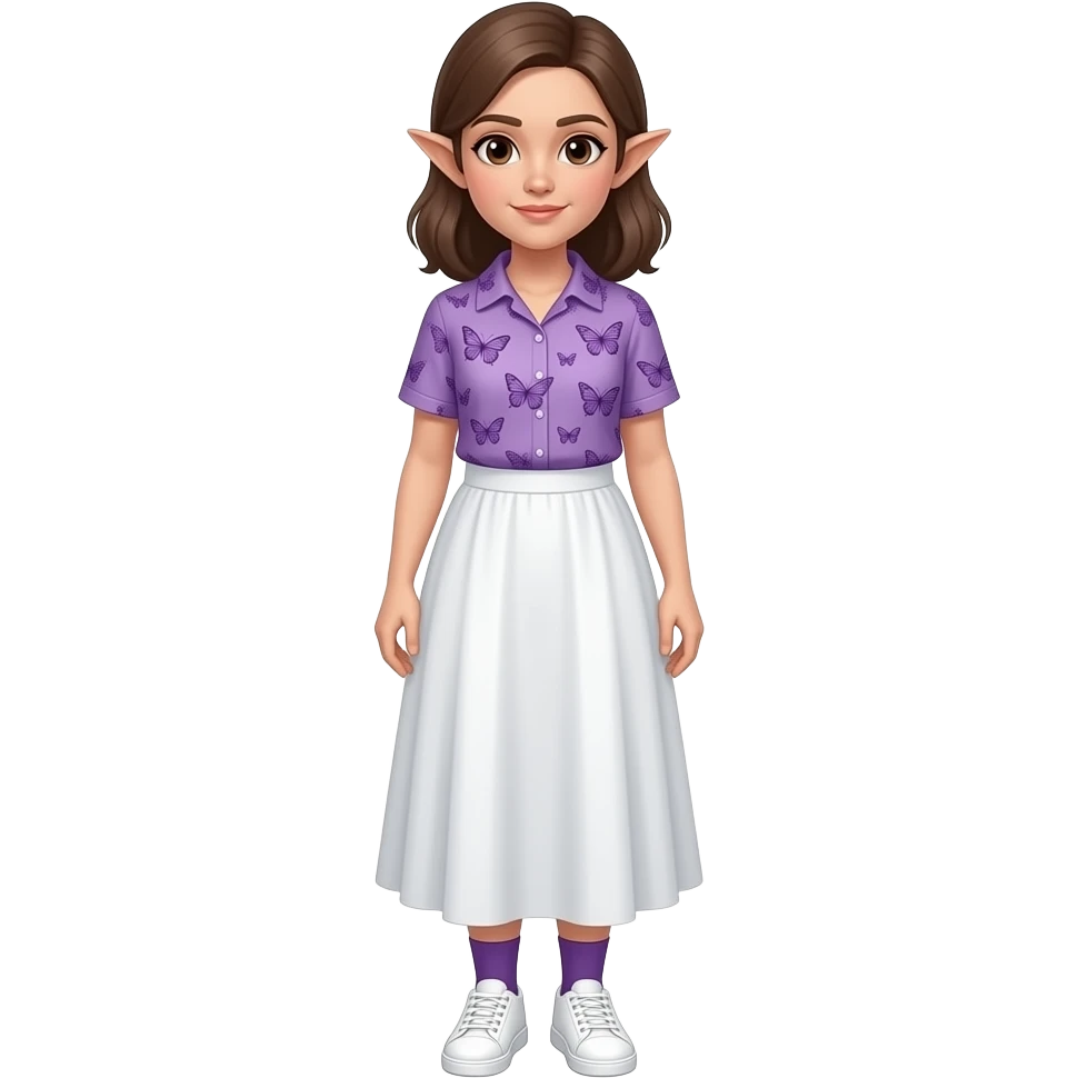 An adult woman with white/fair skin, brown hair, brown eyes and pointy ears and wearing a long white skirt, a purple butterfly shirt purple socks and white sneakers.. emoji