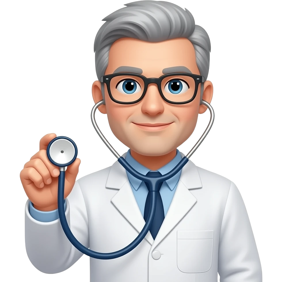 working man grey hair glasses holding stethoscope left handed emoji