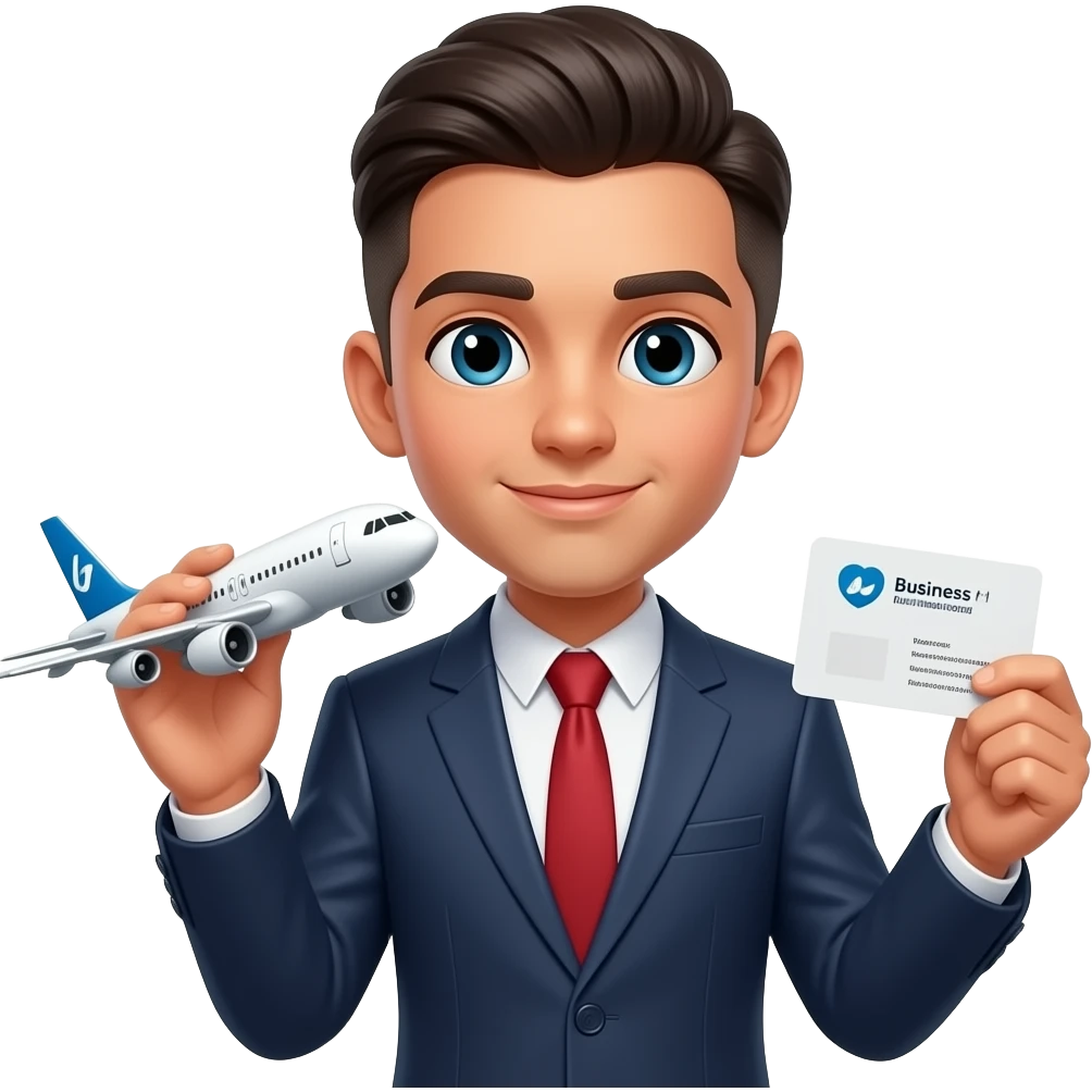 Hispanic teen with a lined up bowl cut wearing a suit holding an airplane and a business card emoji