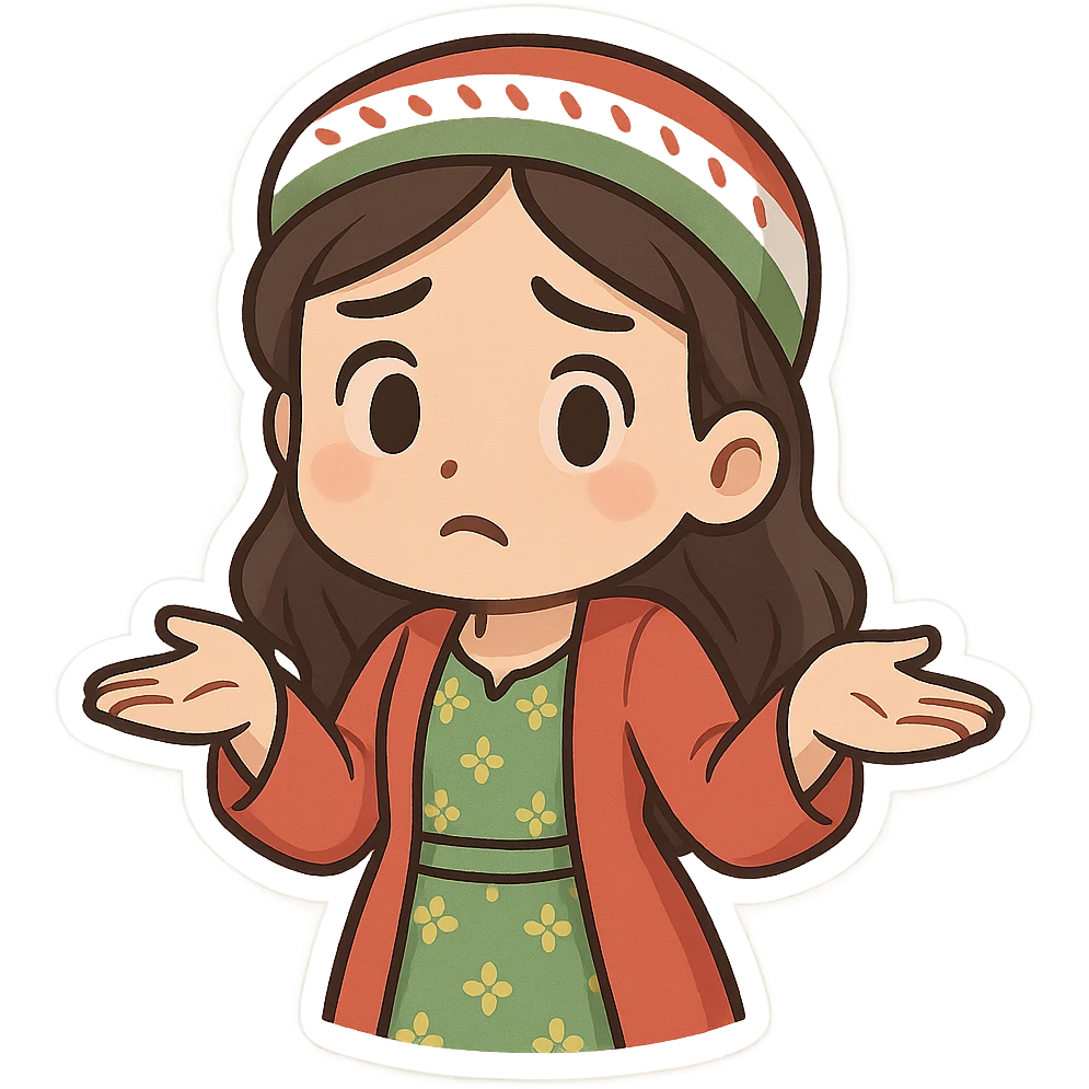 Kurdish woman in a new dress, shrugging shoulders with palms up, looking puzzled, no text emoji