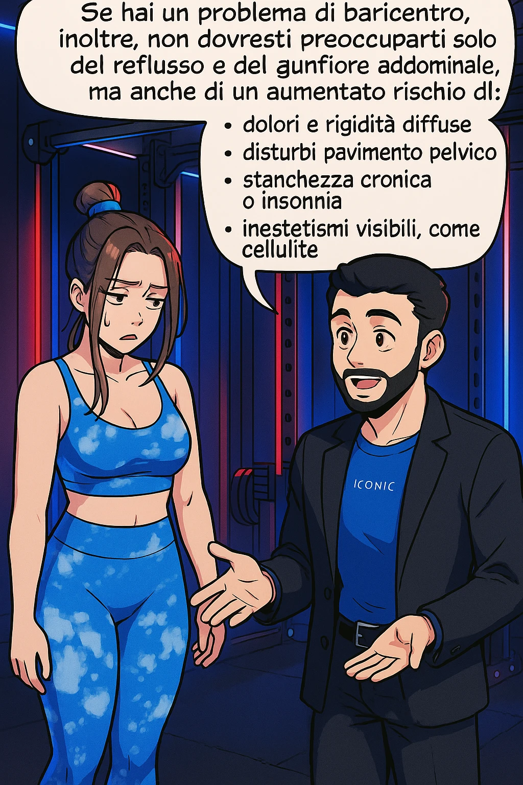 TRASFORMA QUESTO CAROSELLO IN UN FUMETTO STILE WEBTOON/MANGA A COLORI CON QUESTE DUE PERSONE IDENTICHE CHE INTERLOQUISCONO TRA LORO, L'uomo sta spiegando alla donna questo concetto:

Se hai un problema di baricentro, inoltre, non dovresti preoccuparti solo del reflusso e del gonfiore addominale, ma anche di un aumentato rischio di:
    • dolori e rigidità diffuse
    • disturbi pavimento pelvico
    • stanchezza cronica o insonnia
    • inestetismi visibili, come celluluite
    • etc… emoji
