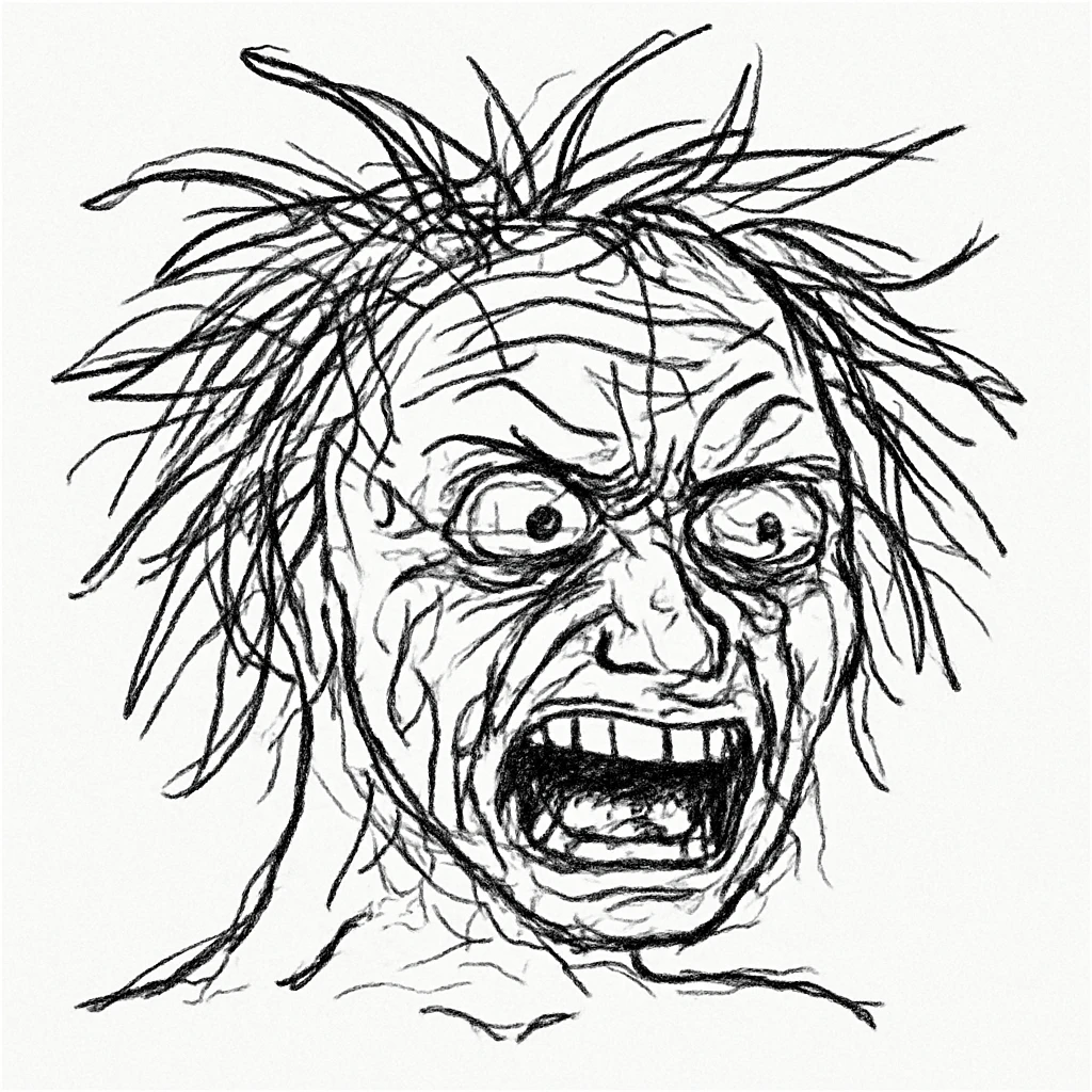 schizo emote, chaotic, expressive, wild hair, meme style emoji