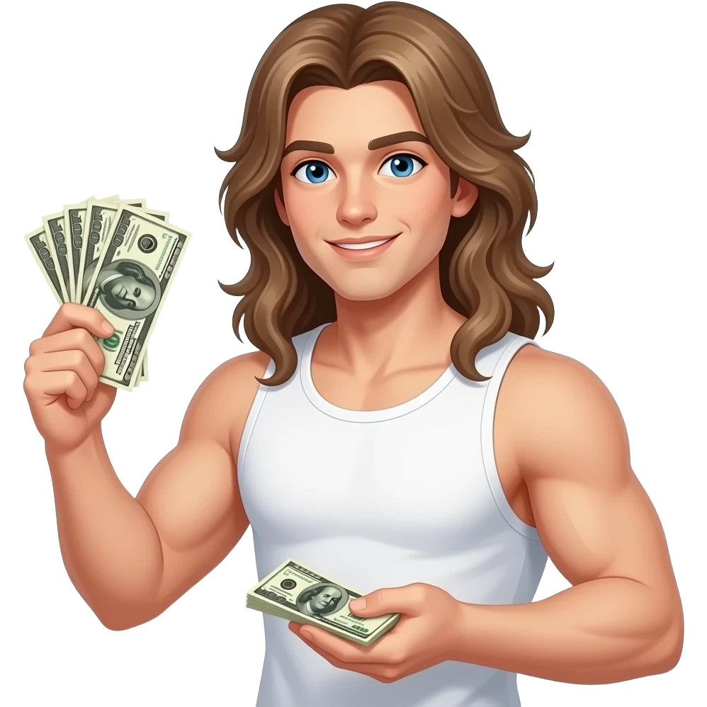 muscular shirtless twink with very long hair winning money emoji