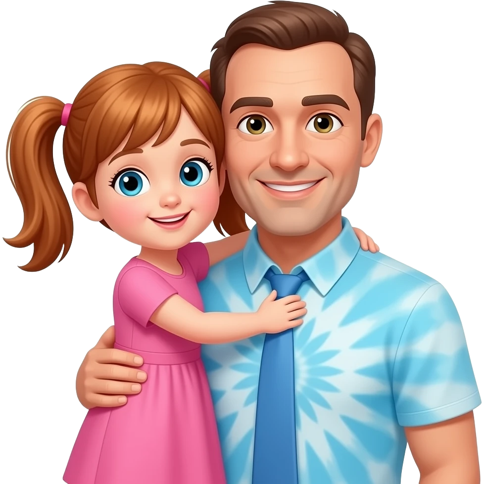 Auburn haired girl child with twin ponytails wearing an all pink dress hugging a partial bald adult father wearing a light blue tye dye t-shirt shirt emoji