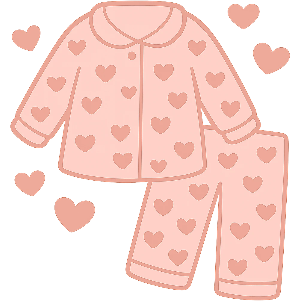 Remove the face from the pink heart pajamas with hearts floating around it, keep the style and transparency. Maintain the pink pajamas with heart patterns and floating hearts, but without any face visible. emoji