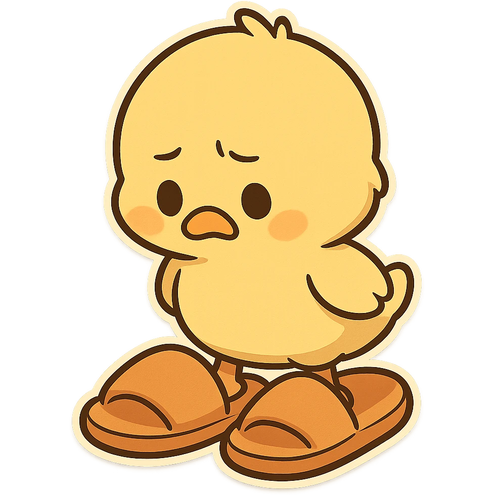 A goose yellow chick, wearing a pair of super large slippers, looks down at the shoes with a puzzled expression emoji