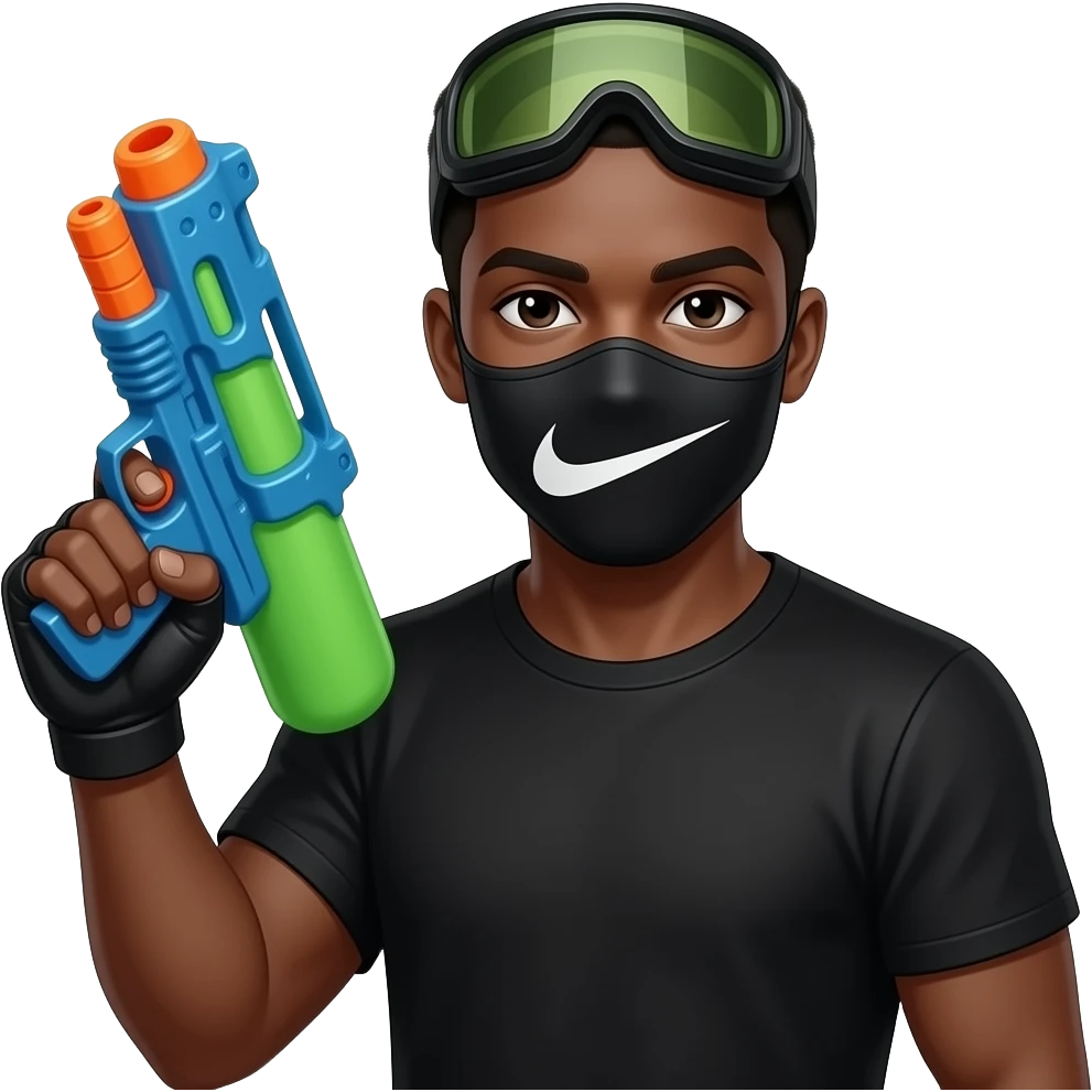 Make him appear to be African-American in all black, but make him holding a water gun wearing a Nike ski mask emoji