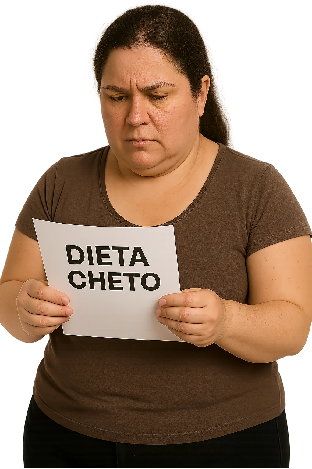 donna realistica leggermente in sovrappeso che legge un foglio con la scritta "dieta Cheto", sfondo bianco, iperrealistica 4k, IPERREALISTICA 4K emoji