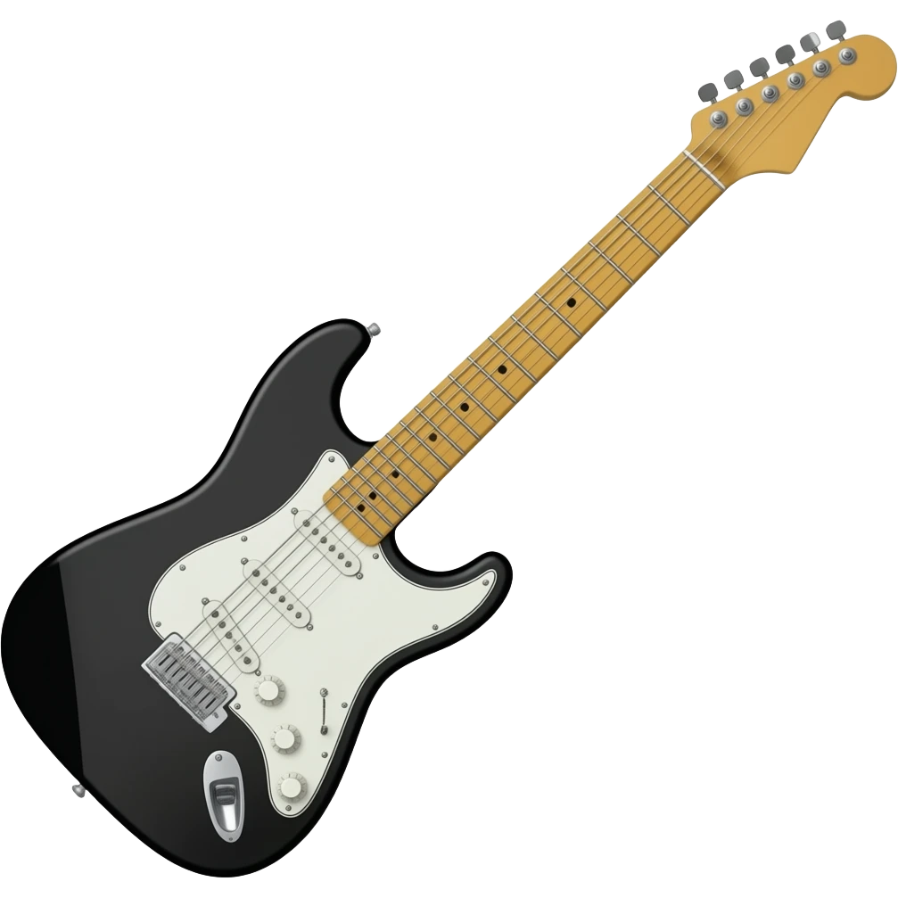 Black and white fender telecaster tilted 45 degrees to the right and clip art style emoji