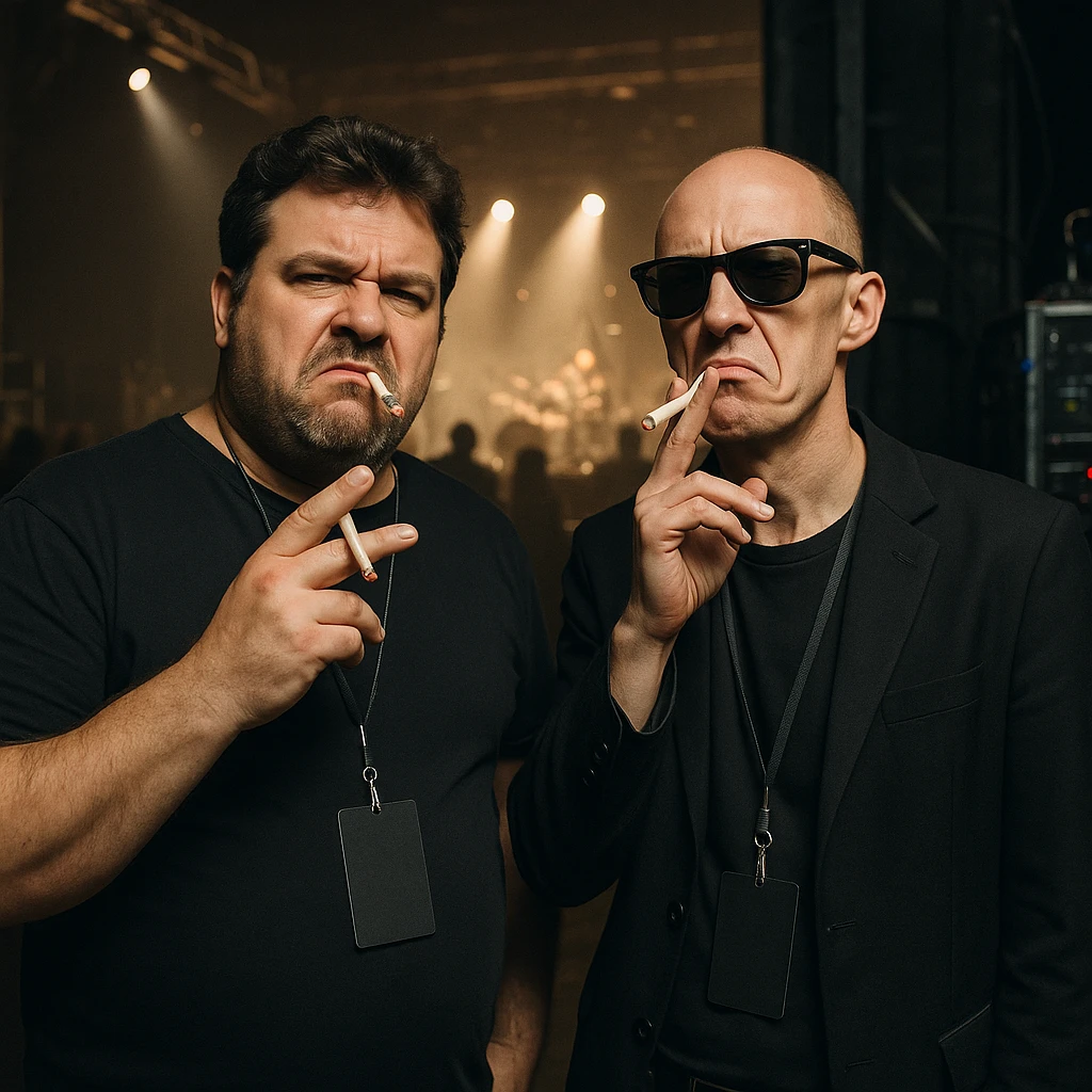 Par de personas que trabajan en la industria musical (hombre robusto de 40 años y otro hombre flaco calvo y con lentes de sol), parados conversando en el backstage de un concierto, con aires de superioridad, mientras se fuman un cigarro, mientras miran a la cámara (músico) de forma despectiva y burlona emoji