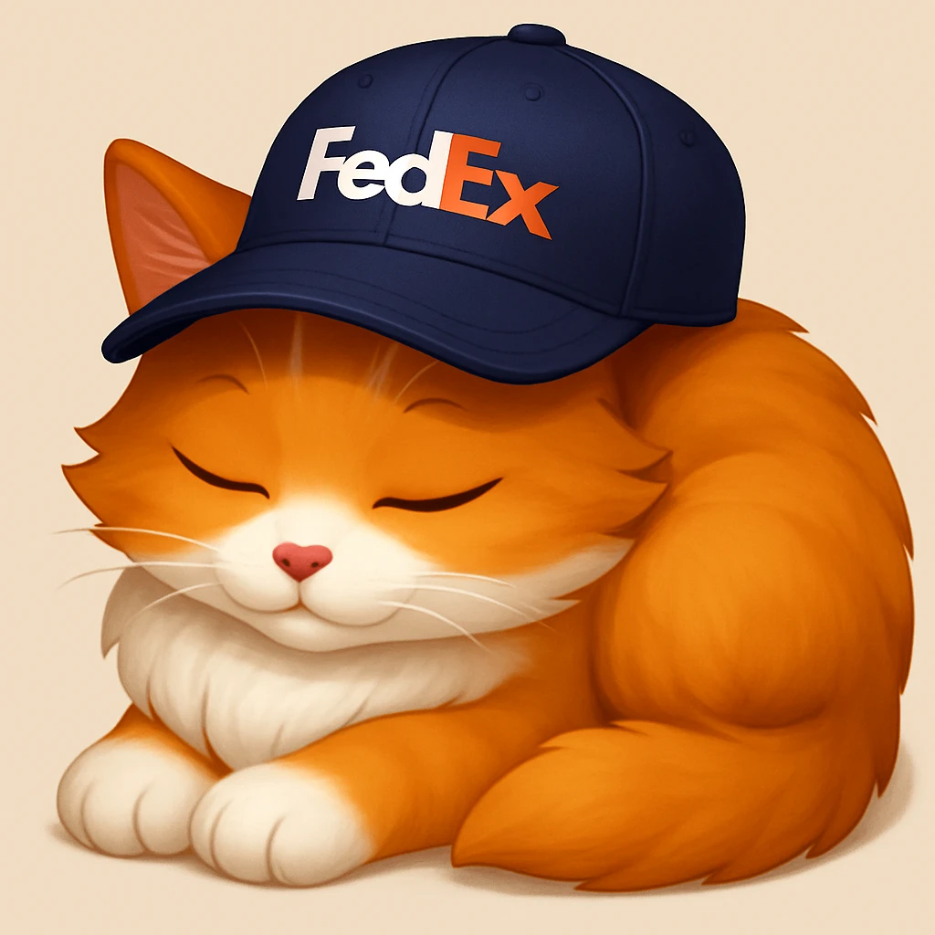 sleeping cat emoji with a FedEx uniform cap in a different pose emoji