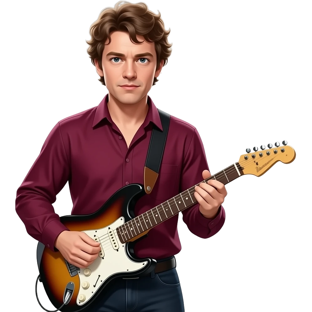 cinematic realistic HD young, tousled-haired guitarist Mark Knopfler in a dramatic playing pose, burgundy, luxurious shirt - backlit by spotlights emoji