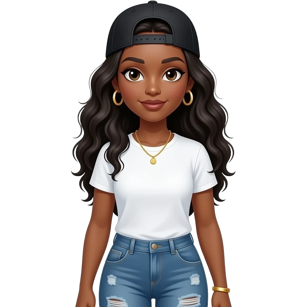 African American woman with long chest length black hair wearing a black adjustable cap to the back wearing a white t shirt wearing gold hoop earrings wearing a gold tennis necklace and a gold bracelet wearing distressed denim jeans emoji