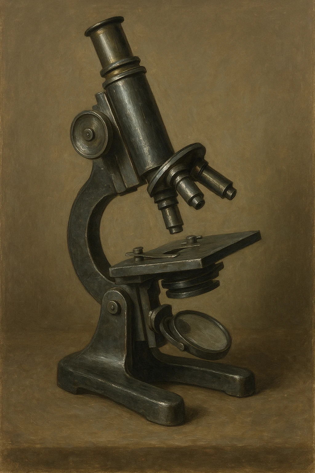 Сгенерируй мне металический микроскоп в стиле реалистичной живописи на однородном фоне emoji