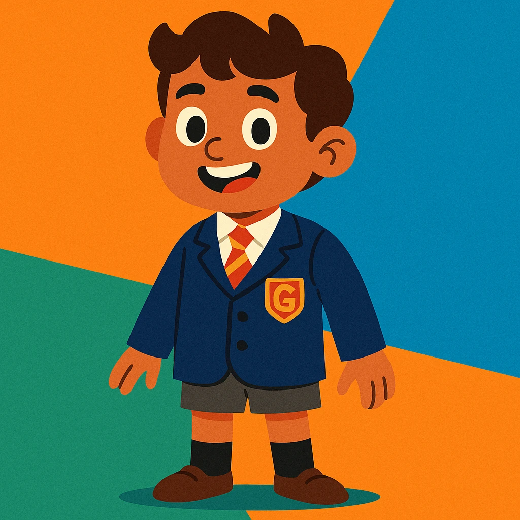 young boy in a Gilbert Inglefield school uniform, cartoon style emoji