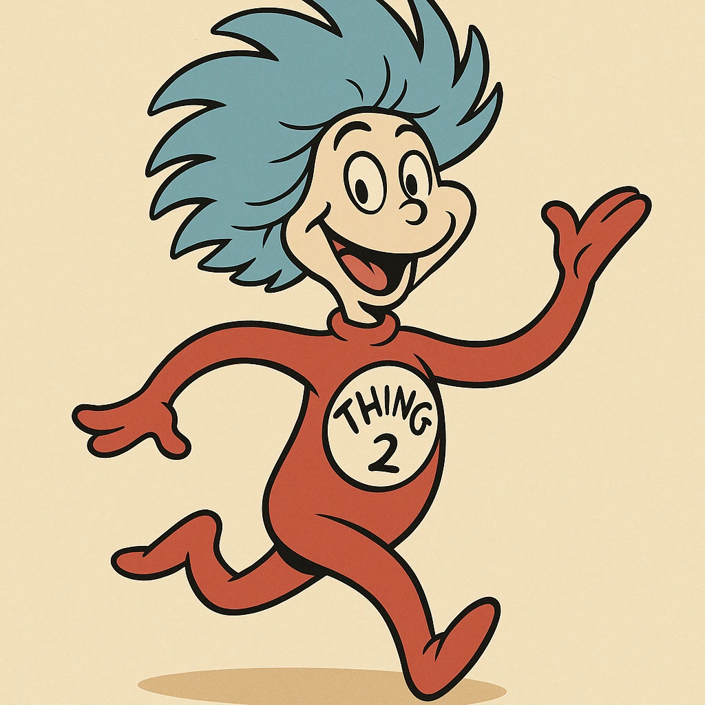 Thing Two from Dr. Seuss, playful, blue hair, red suit, white circle with 'Thing 2' text, cartoon style emoji