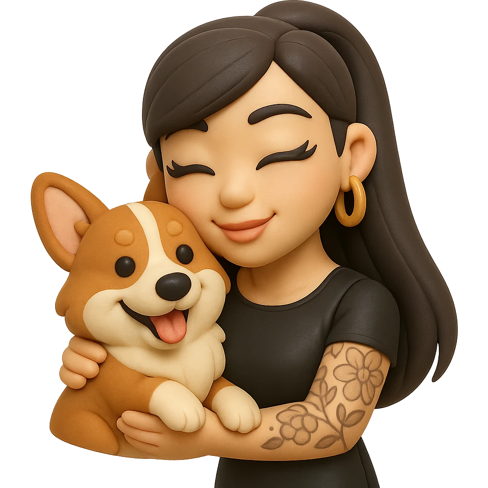 fondant cake art style emoji of an Asian girl with long hair in a ponytail, deep side bangs, black leather dress, gold hoop earrings, dramatic false lashes, and a floral 3/4 sleeve tattoo on her left arm, hugging a smiling red head tri-color corgi, simplified, emoji-like emoji