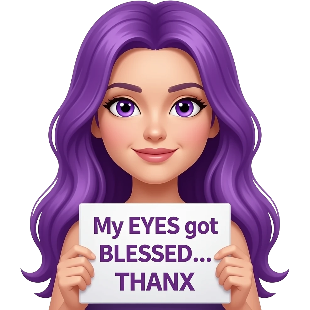 sexy girl with long purple hair and purple eyes holding a My EYES got BLESSED... THANX sign emoji