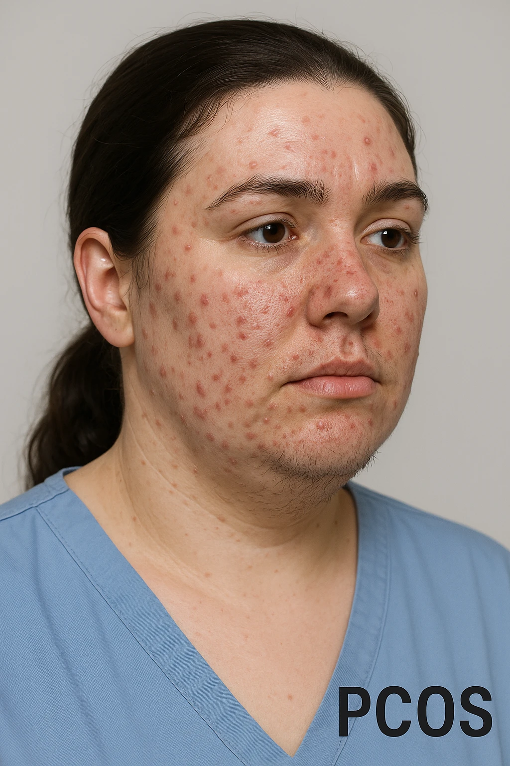 realistic 3D medical style image of a woman with PCOS, acne on face and hair under chin, clinical details, neutral background, 2:3 aspect ratio emoji