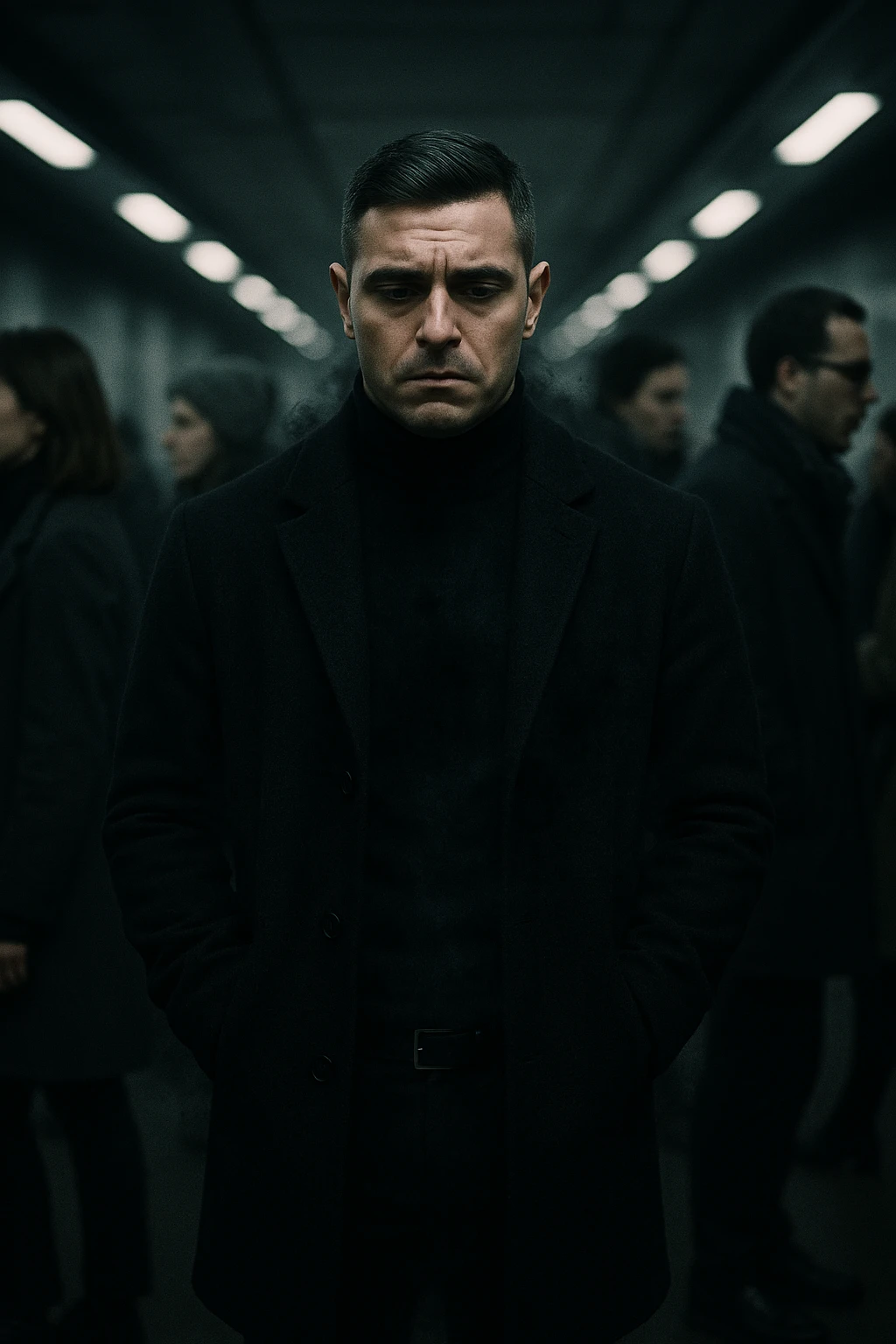A cinematic shot of a man in his early 30s standing still in the middle of a crowded urban environment — perhaps a subway platform or office hallway — surrounded by blurred, cold-looking people facing away from him or speaking among themselves, ignoring him completely. The man has a heavy, emotionally drained expression, shoulders slightly slouched, hands in his coat pockets. He stands out in sharp focus while the others are dimly lit, grey-toned, and in motion blur. The lighting is harsh and cool, with strong shadows and low saturation to emphasize emotional isolation. A subtle dark aura or mist lingers around the man’s body, visually conveying the weight of negativity and emotional pressure. Shot in 35mm cinematic style, high realism, with a desaturated color palette and shallow depth of field emoji