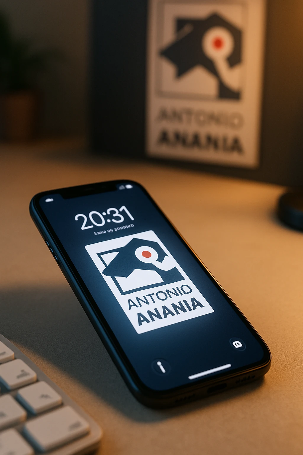 A photo of an iPhone with the message "Antonio Anania" on its screen, The phone sits atop a desk with a blurred background that suggests work environment. A faint glow from above casts gentle shadows across the surface of each object, creating depth and highlighting their textures. emoji