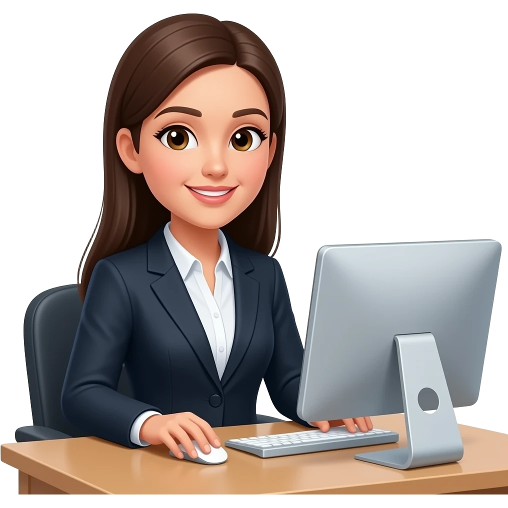 Emoji Mujer en oficina pelo largo totalmente liso y en computador emoji