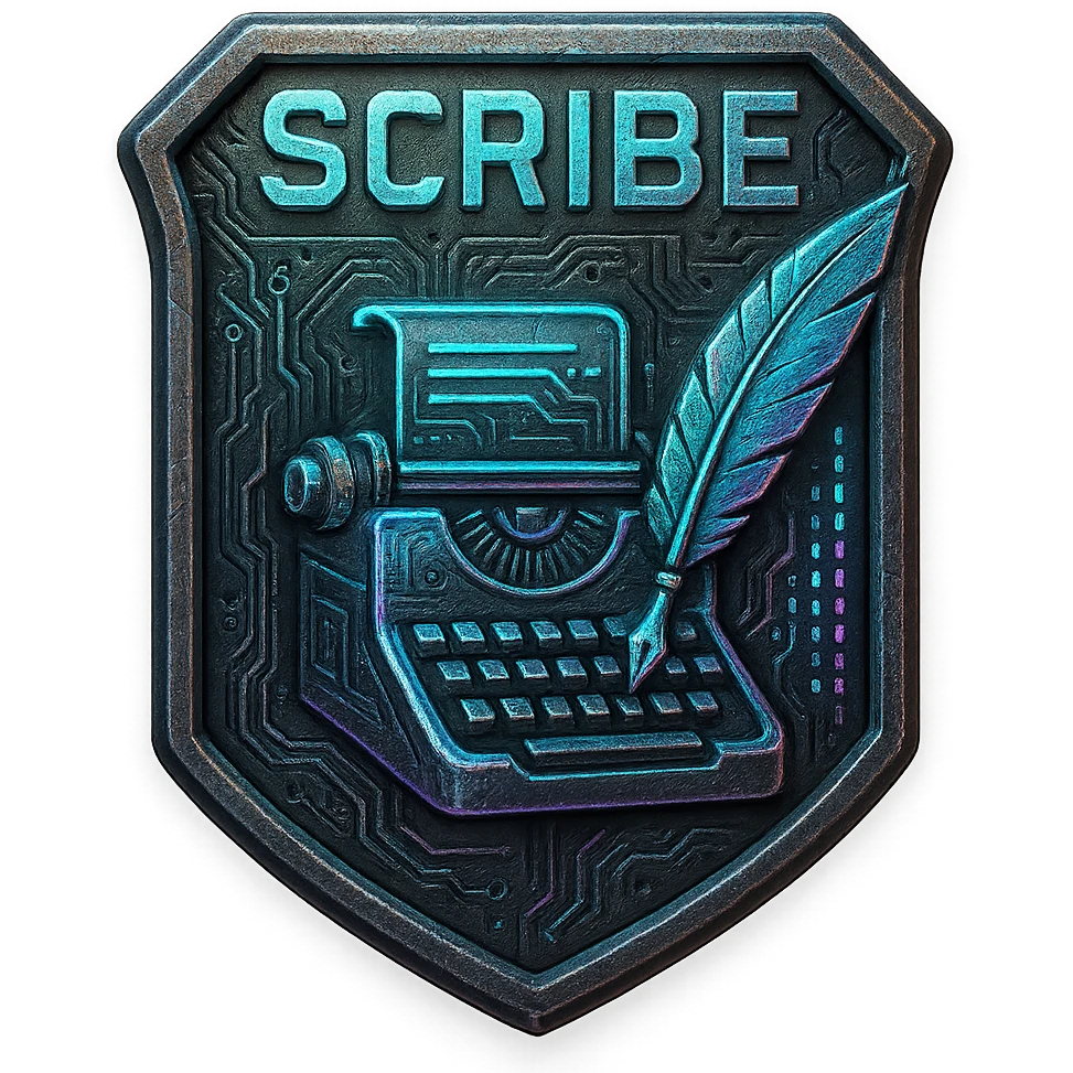 a metal insignia badge for a "scribe", space scifi-futuristic cyberpunk futurepunk emoji
