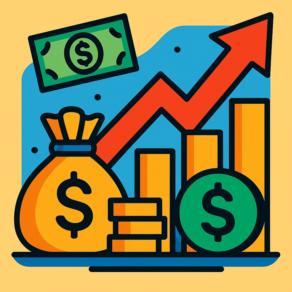 investment concept with upward arrow and money emoji