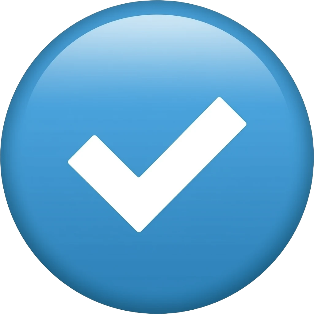 Minimal cyan-blue verification badge, white rounded checkmark centered inside a flat blue circle, clean modern emoji style, transparent background. emoji