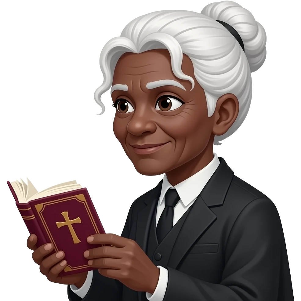 wise old woman with white hair tendrils in a bun black skin with burgundy book that has a cross on it facing left emoji