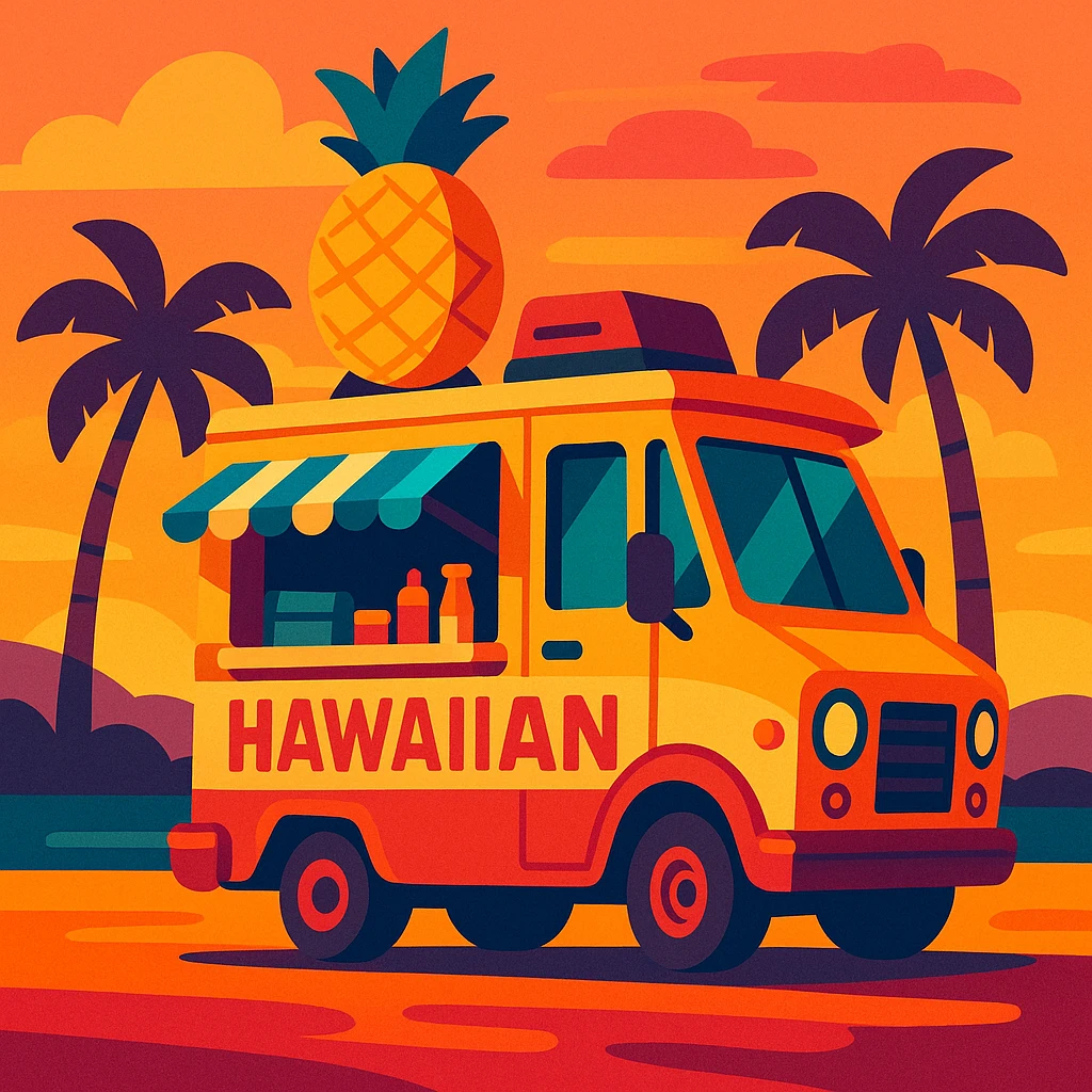 Hawaiian food truck with exaggerated features and sunset palette in vibrant toon style emoji
