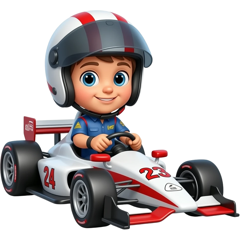 A kid wearing a helmet driving a toy indycar emoji