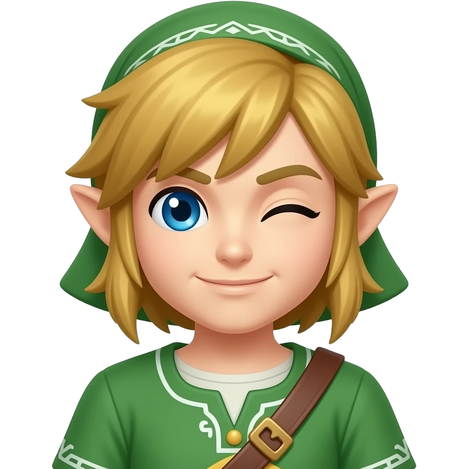 Link aus Breath of the Wild, zwinkern  linkes Auge, grüne kleidung, mit typischer mütze emoji